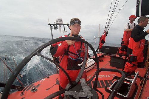 PUMA helmsman Casey Smith gets the wheel back on at the helm during Leg 5 from Qingdao to Rio de Janeiro. Photo copyright Rick Deppe / PUMA Ocean Racing / Volvo Ocean Race.