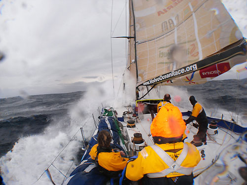 Telefonica Blue in rough weather, on leg 5 of the Volvo Ocean Race, from Qingdao to Rio de Janeiro.