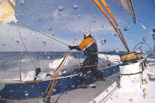 Jonathan Swain trimming, on Telefonica Blue, on leg 5 of the Volvo Ocean Race, from Qingdao to Rio de Janeiro. Photo copyright Gabriele Olivo / Telefonica Blue / Volvo Ocean Race.