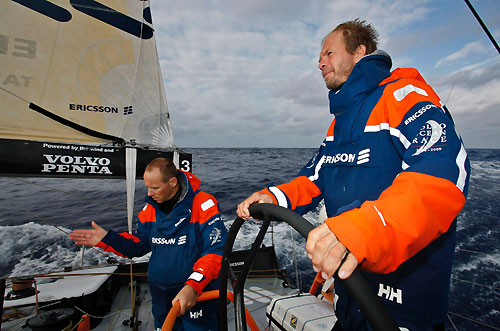 Magnus Woxen and Thomas Johanson helming, onboard Ericsson 3, on leg 5 of the Volvo Ocean Race. Photo copyright Gustav Morin / Ericsson 3 / Volvo Ocean Race.