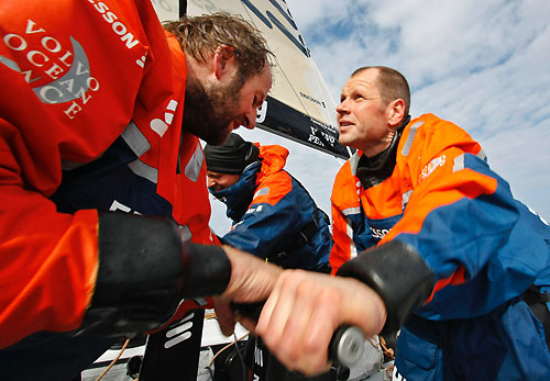 Ericsson 3's new crew memeber Norwegian Arve Roaas (right) hoisiting together with pitman and boat captainn Jens Dolmer (left), on leg 5 of the Volvo Ocean Race. Photo copyright Gustav Morin / Ericsson 3 / Volvo Ocean Race.