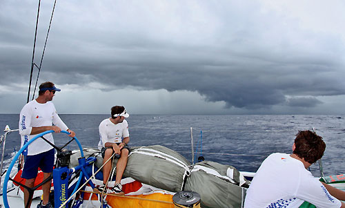 Storm clouds approach Telefonica Blue, on leg 5 of the Volvo Ocean Race, from Qingdao to Rio de Janeiro. Photo copyright Gabriele Olivo / Telefonica Blue / Volvo Ocean Race.