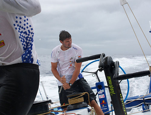 Michael Pammenter gets wet onboard Telefonica Blue, on leg 5 of the Volvo Ocean Race, from Qingdao to Rio de Janeiro. Photo copyright Gabriele Olivo / Telefonica Blue / Volvo Ocean Race.