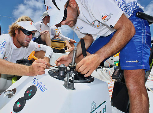 Xabier Fedrnandez and David Vera servicing a winch onboard Telefonica Blue, on leg 5 of the Volvo Ocean Race, from Qingdao to Rio de Janeiro. Photo copyright Gabriele Olivo / Telefonica Blue / Volvo Ocean Race.