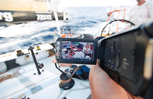 Phil Jameson trimming as seen through Media Crew Member Guy salters video camera, onboard Ericsson 4, on leg 5 of the Volvo Ocean Race, from Qingdao to Rio de Janeiro. Photo copyright Guy Salter / Ericsson 4 / Volvo Ocean Race.