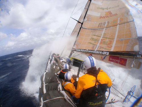 Before loosing their forestay, average wind speed was over 40 knots with gusts of up to 50 knots apparent. True Wind Speed 30-32 knots and the only protection is the helmet. Telefonica Blue approaching the Southern Ocean, on leg 5 of the Volvo Ocean Race, from Qingdao to Rio de Janeiro. Photo copyright Gabriele Olivo / Telefonica Blue / Volvo Ocean Race.