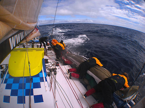 Crew on board Telefonica Blue stacking before a tack on leg 5 of the Volvo Ocean Race. Photo copyright Gabriele Olivo / Telefonica Blue / Volvo Ocean Race.