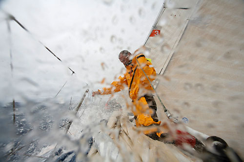 Anders Dahlsjo working on bow for a sailchange, onboard Ericsson 3, on leg 5 of the Volvo Ocean Race, from Qingdao to Rio de Janeiro. Photo copyright Gustav Morin / Ericsson 3 / Volvo Ocean Race.