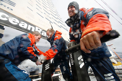 Martin Stromberg grinding, onboard Ericsson 3, on leg 5 of the Volvo Ocean Race, from Qingdao to Rio de Janeiro.