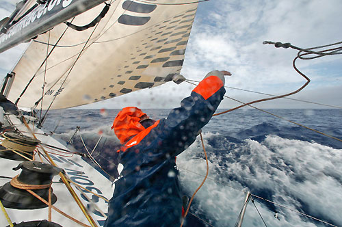Magnus Woxen trying to fetch a rope, onboard Ericsson 3, on leg 5 of the Volvo Ocean Race, from Qingdao to Rio de Janeiro. Photo copyright Gustav Morin / Ericsson 3 / Volvo Ocean Race.