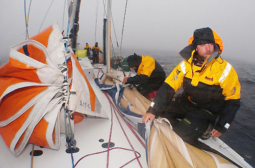 Sail changes in the fog, onboard Telefonica Blue, on leg 5 of the Volvo Ocean Race, from Qingdao to Rio de Janeiro. Photo copyright Gabriele Olivo / Telefonica Blue / Volvo Ocean Race.