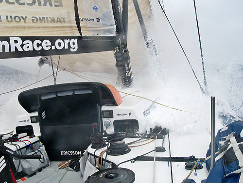 Ericsson 4 hit a big wave, on leg 5 of the Volvo Ocean Race, from Qingdao to Rio de Janeiro. Photo copyright Guy Salter / Ericsson 4 / Volvo Ocean Race.