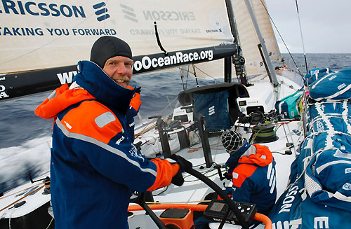 Thomas Johanson onboard Ericsson 3, on leg 5 of the Volvo Ocean Race, from Qingdao to Rio de Janeiro. Photo copyright Gustav Morin / Ericsson 3 / Volvo Ocean Race.