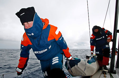 Magnus Woxen and Martin Stromberg changing sails onboard Ericsson 3, on leg 5 of the Volvo Ocean Race, from Qingdao to Rio de Janeiro. Photo copyright Gustav Morin / Ericsson 3 / Volvo Ocean Race.