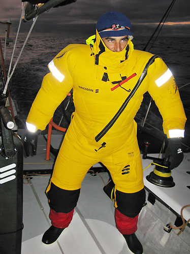 No, its not the Hulk's yellow cousin, its Horatio Carabelli in a fully inflated survival suit, onboard Ericsson 4, on leg 5 of the Volvo Ocean Race, from Qingdao to Rio de Janeiro. Photo copyright Guy Salter / Ericsson 4 / Volvo Ocean Race.
