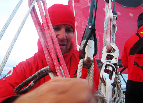 Skipper Ken Read makes up the runners onboard PUMA Ocean Racing, on leg 5 of the Volvo Ocean Race, from Qingdao to Rio de Janeiro. Photo copyright Rick Deppe / PUMA Ocean Racing / Volvo Ocean Race.