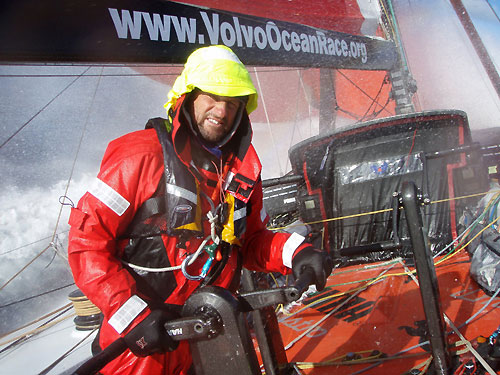 Jerry Kirby grinding onboard PUMA Ocean Racing in the Southern Ocean, on leg 5 of the Volvo Ocean Race, from Qingdao to Rio de Janeiro. Photo copyright Rick Deppe / PUMA Ocean Racing / Volvo Ocean Race.