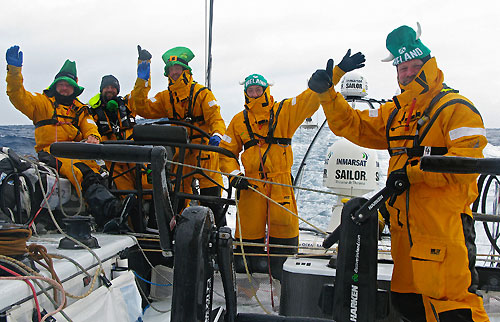 The crew of Irish / Chinese entry Green Dragon celebrate St Patrick's Day in the Southern Ocean while approaching Cape Horn, during leg 5 of the Volvo Ocean Race, from Qingdao to Rio de Janeiro. Photo copyright Guo Chuan / Green Dragon Racing / Volvo Ocean Race.