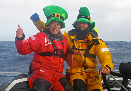 Guo Chuan (CHI) and Justin Slattery (IRE) with the crew of Irish / Chinese entry Green Dragon celebrate St Patrick's Day in the Southern Ocean, on leg 5 of the Volvo Ocean Race, from Qingdao to Rio de Janeiro. Photo copyright Guo Chuan / Green Dragon Racing / Volvo Ocean Race.