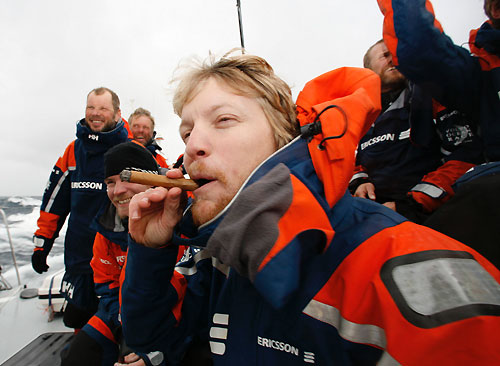 Navigator Aksel Magdahl celebrating in classic style. Magnus Olsson and his team of Nordic sailors onboard Ericsson 3 rounded the legendary Cape Horn at 12:22 GMT today in pole position and in daylight, gaining maximum points at the scoring gate. Photo copyright Gustav Morin / Ericsson 3 / Volvo Ocean Race.