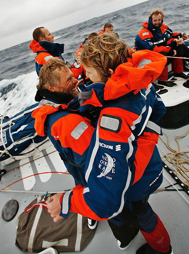 Navigator Aksel Magdahl gets hug by skipper Magnus Olsson. Magnus Olsson and his team of Nordic sailors onboard Ericsson 3 rounded the legendary Cape Horn at 12:22 GMT today in pole position and in daylight, gaining maximum points at the scoring gate. Photo copyright Gustav Morin / Ericsson 3 / Volvo Ocean Race.