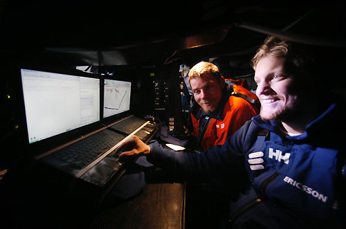 Aksel Magdahl and Eivind Melleby check their position at the navigation station. Ericsson 3 rounded the legendary Cape Horn at 12:22 GMT today in pole position and in daylight, gaining maximum points at the scoring gate. Photo copyright Gustav Morin / Ericsson 3 / Volvo Ocean Race.