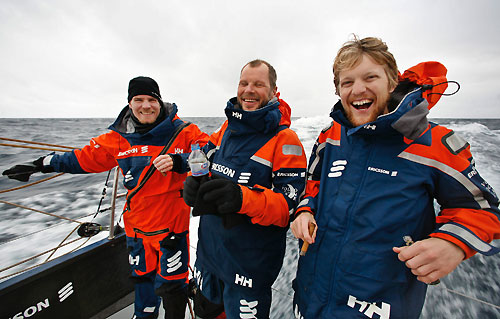 Eivind Melleby left, Arve Roaas centre and Aksel Magdahl right. Ericsson 3 rounded the legendary Cape Horn at 12:22 GMT today in pole position and in daylight, gaining maximum points at the scoring gate. Photo copyright Gustav Morin / Ericsson 3 / Volvo Ocean Race.