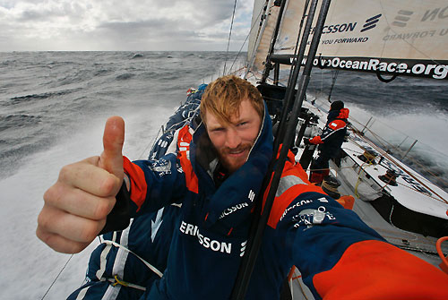 Media Crew Member Gustav Morin (self portrait) onboard Ericsson 3. Magnus Olsson and his team of Nordic sailors onboard Ericsson 3 rounded the legendary Cape Horn in pole position, gaining maximum points at the scoring gate. Photo copyright Gustav Morin / Ericsson 3 / Volvo Ocean Race.