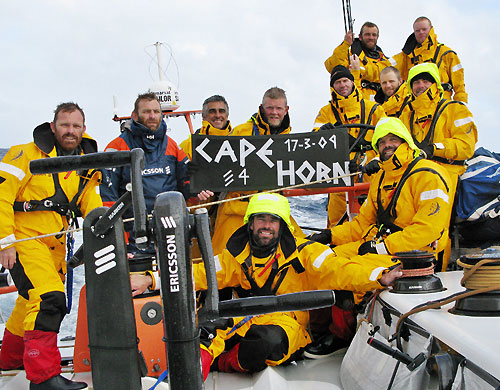 Ericsson 4 celebrate rounding in Cape Horn in second place at 14:48 GMT. Skipper Torben Grael, ticking the box for the second time, said quote, Cape Horn for sailors is like climbing Mount Everest end quote. Photo copyright Guy Salter / Ericsson 4 / Volvo Ocean Race.