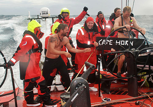 PUMA Ocean Racing, skippered by Ken Read (USA), celebrate rounding Cape Horn in third place at 20:46 GMT, on leg 5 of the Volvo Ocean Race. Read, a rookie in this part of the world, gloriously captured the moment in an email to Race HQ. Quote, If the southern most point of South America could talk, it would tell some harrowing tales of tragedy and heroics by sportsman and traders and businessman and adventurists alike, probably more so than any other nautical landmark in history, end quote, he said. Quote, For this reason alone, it is a privilege to be let through these gates, entrance to which must be earned and not simply taken end quote. Photo copyright Rick Deppe / PUMA Ocean Racing / Volvo Ocean Race.