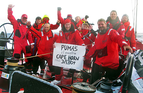 PUMA Ocean Racing, skippered by Ken Read (USA), celebrate rounding Cape Horn in third place at 20:46 GMT, on leg 5 of the Volvo Ocean Race. Photo copyright Rick Deppe / PUMA Ocean Racing / Volvo Ocean Race.