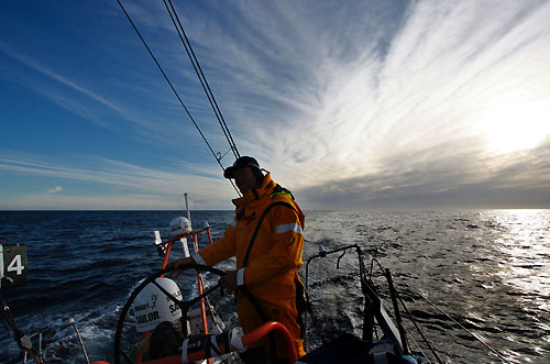 Tony Mutter helming Ericsson 4 as they pass the Falkland Islands, on leg 5 of the Volvo Ocean Race, from Qingdao to Rio de Janeiro. Photo copyright Guy Salter / Ericsson 4 / Volvo Ocean Race.