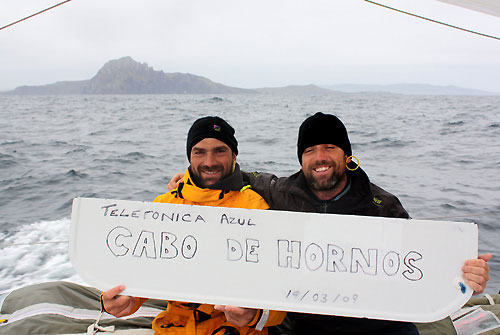 Xabier Fernandez and Iker Martinez from Spain on Telefonica Blue has crossed safely through the scoring gate at Cape Horn, seen in the background, to grab two points. Photo copyright Gabriele Olivo / Telefonica Blue / Volvo Ocean Race.