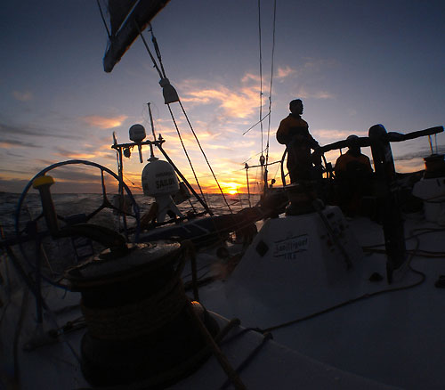 Telefonica Blue at sunset, on leg 5 of the Volvo Ocean Race, from Qingdao to Rio de Janeiro. Photo copyright Gabriele Olivo / Telefonica Blue / Volvo Ocean Race.