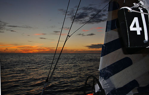 Ericsson 4 with their Code Zero up at sunset, on leg 5 of the Volvo Ocean Race, from Qingdao to Rio de Janeiro. Photo copyright Guy Salter / Ericsson 4 / Volvo Ocean Race.