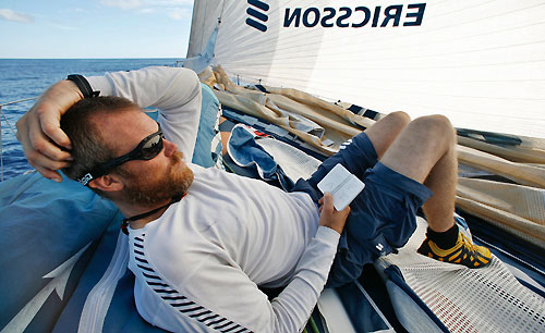 A tired Anders Dahlsjo, onboard Ericsson 3, taking some time out to relax, while waiting for some wind to drive the boat to Rio.Leg 5 of the Volvo Ocean Race, from Qingdao to Rio de Janeiro. Photo copyright Gustav Morin / Ericsson 3 / Volvo Ocean Race.