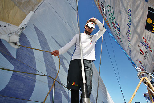 Iker Martinez holding the sheet of the staysail while furling the A3 onboard Telefonica Blue, on leg 5 of the Volvo Ocean Race, from Qingdao to Rio de Janeiro. Photo copyright Gabriele Olivo / Telefonica Blue / Volvo Ocean Race.