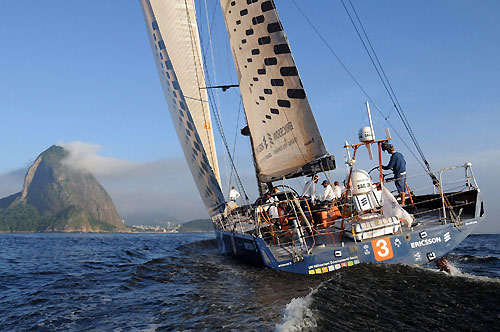 Ericsson 3, skippered by Magnus Olsson (SWE) finish first into Rio de Janeiro on leg 5 of the Volvo Ocean Race, crossing the line at 10:37:57 GMT 26/03/09, after 41 days at sea. Photo copyright Dave Kneale / Volvo Ocean Race.
