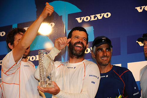 Brazilian crewmates Joao Signorini left, skipper Torben Grael centre and Horatio Carabelli right after Ericsson 4 finished second into Rio de Janeiro on leg 5 of the Volvo Ocean Race, crossing the line at 22:57:44 GMT 26/03/09. Photo copyright Rick Tomlinson / Volvo Ocean Race.