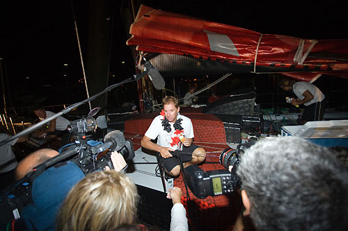 Skipper Ken Read talks to the press on the dock as, after PUMA Ocean Racing arrived in Rio de Janeiro for the finish of Leg 5 of the Volvo Ocean Race 2008-09, crossing the line at 04:27:00GMT (01:27:00 local) March 27, to finish in third place. Photo copyright Sally Collison / PUMA Ocean Racing.