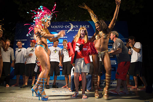 Brazilian dancers greet the team on the stage after PUMA Ocean Racing arrive in Rio de Janeiro for the finish of Leg 5 of the Volvo Ocean Race 2008-09, to finish in third place. Photo copyright Sally Collison / PUMA Ocean Racing.