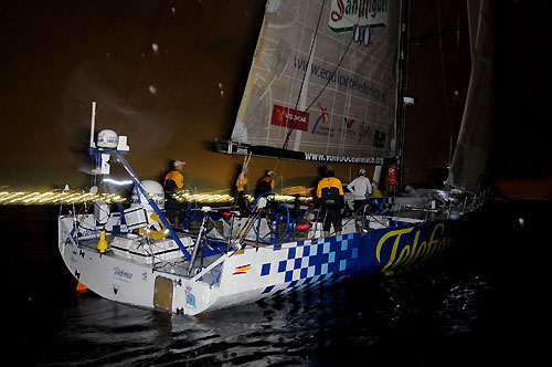Telefonica Blue, skippered by Bouwe Bekking (NED) finish fifth into Rio de Janeiro on leg 5 of the Volvo Ocean Race, crossing the line at 03:55:00 GMT 29/03/09. Photo copyright Dave Kneale / Volvo Ocean Race.