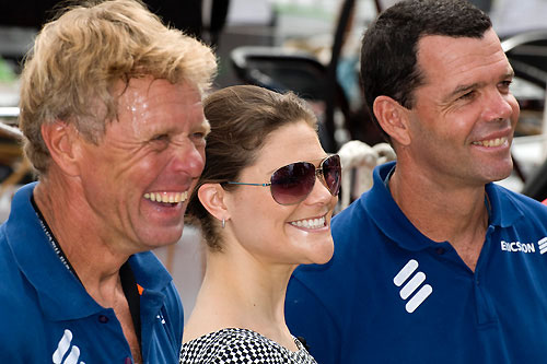 Ericsson 3 skipper Magnus Olsson (SWE) left, Her Royal Highness Victoria, Crown Princess of Sweden centre, and Ericsson 4 skipper Torben Grael (BRA) right, at the Volvo Ocean Race Village in Rio de Janeiro. Photo copyright Dave Kneale / Volvo Ocean Race.