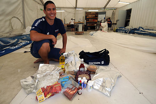 Ericsson Racing Team's physiotherapist and team trainer Joel Rewa-Morgan organises the freeze-dried food and other supplies taken onboard during the Volvo Ocean Race 2008-09. Photo copyright Dave Kneale / Volvo Ocean Race.