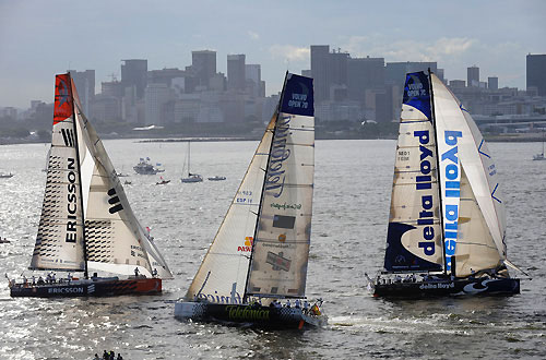 Telefonica Black crossing behind Ericsson 4 and Delta Lloyd, in the Light In-port Race in the Volvo Ocean Race in Rio de Janeiro. Photo copyright Rick Tomlinson / Volvo Ocean Race.