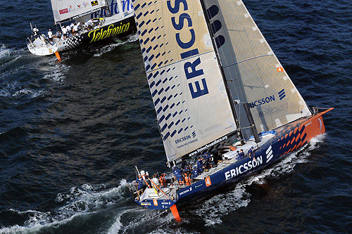 Ericsson 4, skippered by Torben Grael (BRA), chasing Telefonica Black, at the start of leg 6 of the Volvo Ocean Race, from Rio de Janeiro to Boston. Photo copyright Dave Kneale / Volvo Ocean Race.