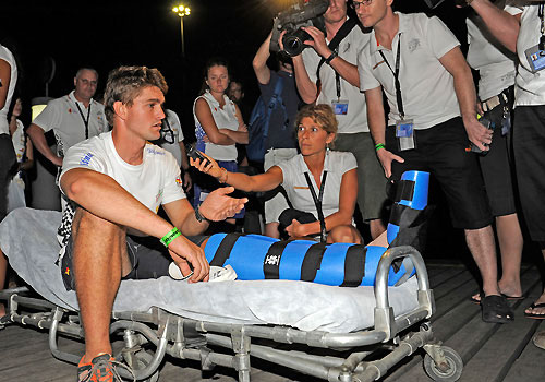 Bowman Michael Pammenter has injured his foot, and was taken back to the Marina da Gloria by a support boat. Under the race rules, the team cannot replace him during this leg. Upon arrival at the marina, Pammenter was transferred to hospital to have his leg and foot examined. Photo copyright Rick Tomlinson / Volvo Ocean Race.