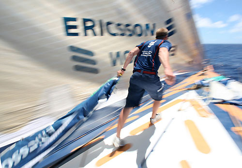 Bowman Martin Krite during a sail change onboard Ericsson 3, on leg 6 of the Volvo Ocean Race, from Rio de Janeiro to Boston. Photo copyright Gustav Morin / Ericsson 3 / Volvo Ocean Race.