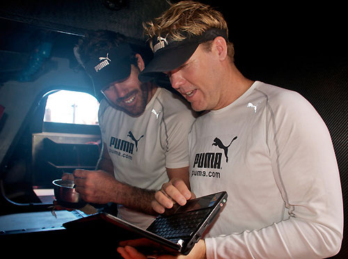 Casey Smith and Shannon Falcone share a joke, on leg 6 of the Volvo Ocean Race, from Rio de Janeiro to Boston. Photo copyright Rick Deppe / PUMA Ocean Racing / Volvo Ocean Race.