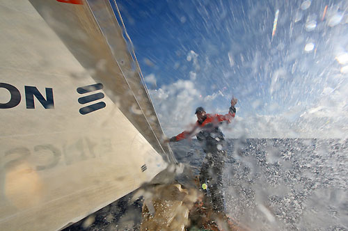 Anders Dahlsjo during a sail change, onboard Ericsson 3, on leg 6 of the Volvo Ocean Race, from Rio de Janeiro to Boston. Photo copyright Gustav Morin / Ericsson 3 / Volvo Ocean Race.